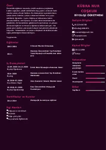 Biyoloji Öğretmeni CV Örnekleri cv indir